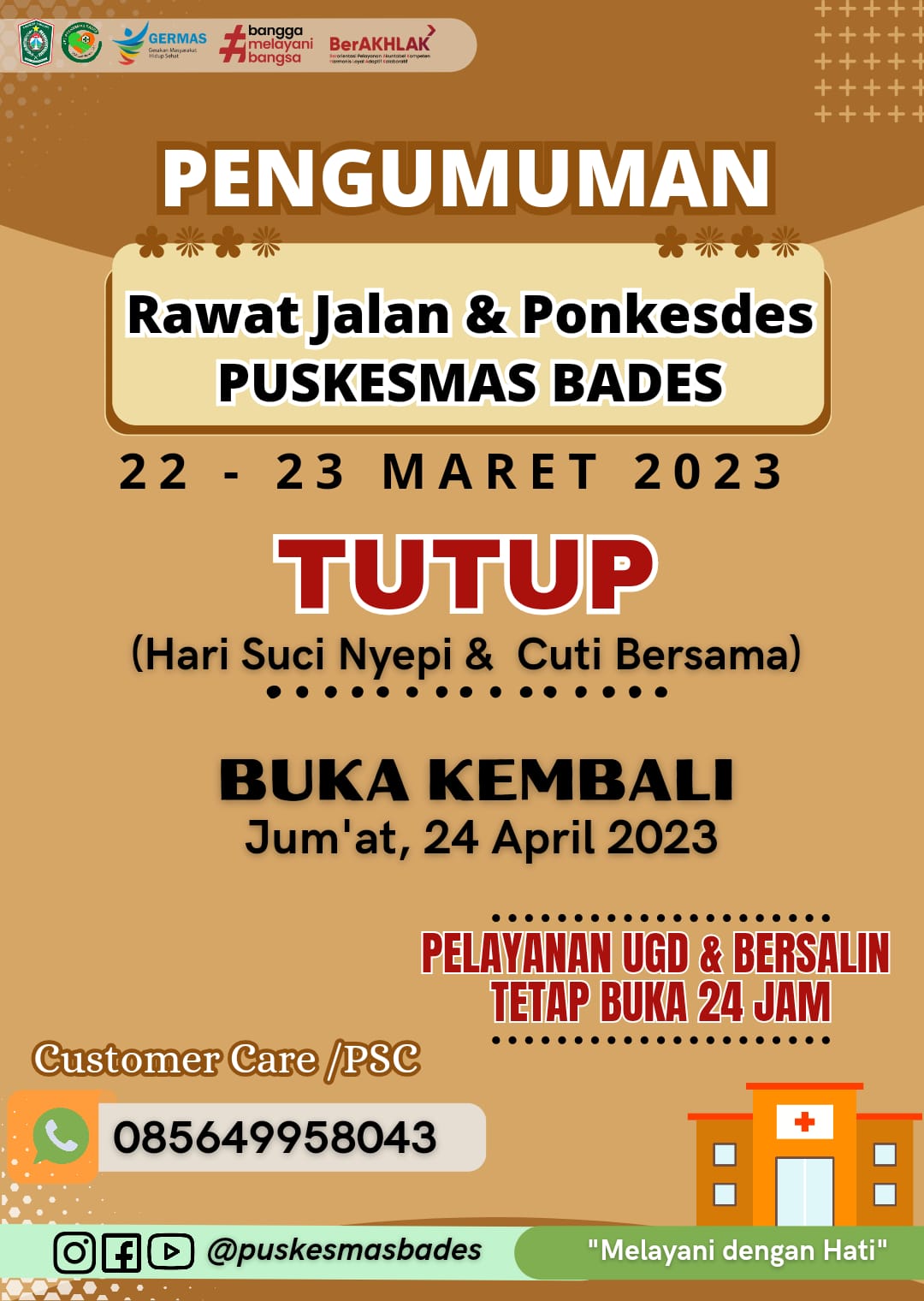 Pelayanan Rawat jalan Dan ponkesdes Tutup Tanggal 22 dan 23 Maret